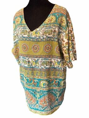 Lotus Blouse 1X Green Orange Elephant Print Cotton Top